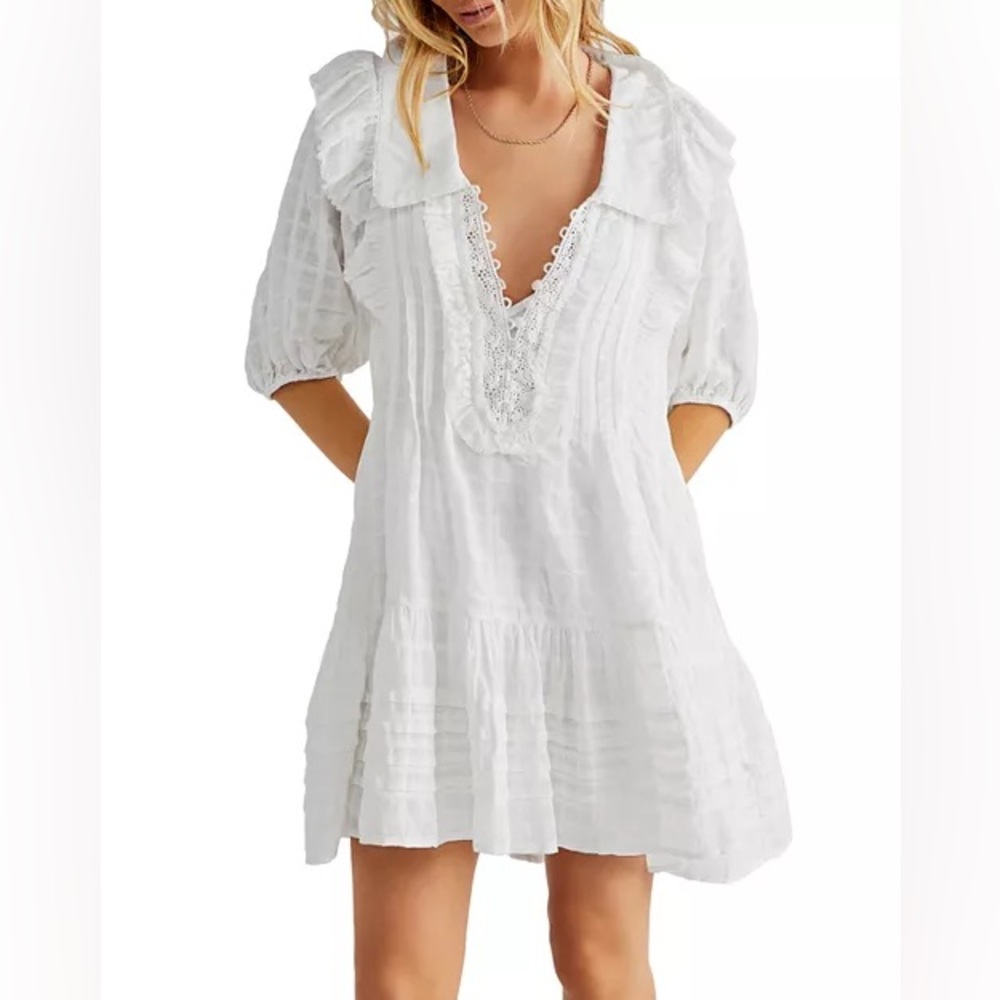 Free People White Lace-Trim V-Neck Mini Dress - Picture 1 of 14